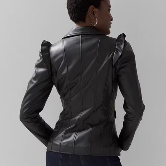 WHBM $500 Genuine Leather Motorcycle Moto Jacket Ruffled Shoulders M - Picture 10 of 12